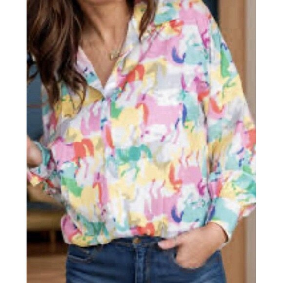 Nylon Apparel Women’s Horse Pastel Print Large Long Sleeve Collared Button Shirt - Picture 9 of 9